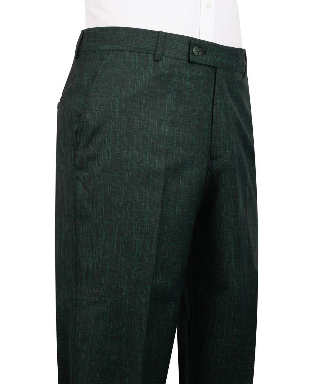 Dark green plaid trousers shown on a white shirt mannequin against a plain white background.
