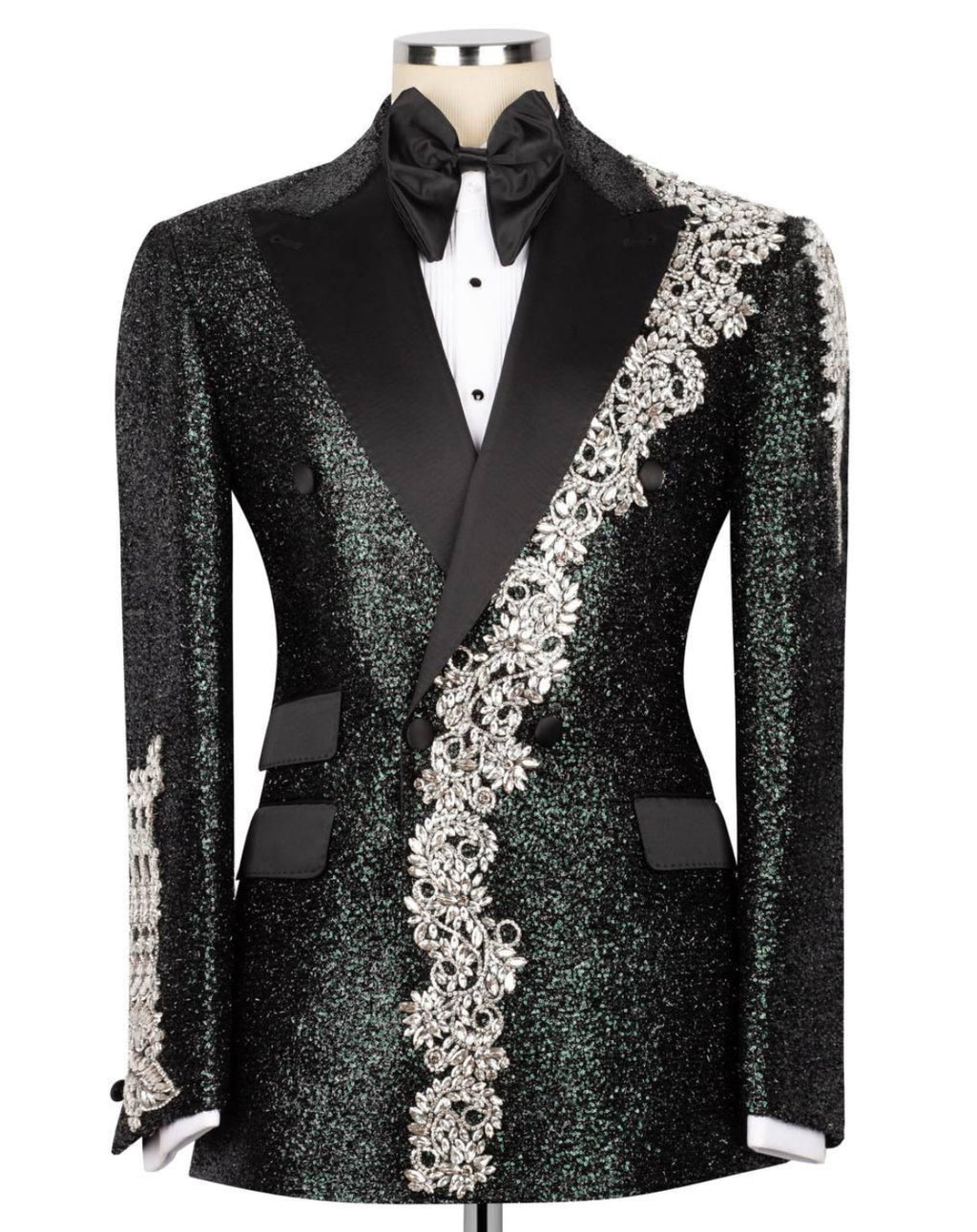 Black tuxedo jacket with silver embroidery on a mannequin against a white background