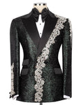 Black tuxedo jacket with silver embroidery on a mannequin against a white background