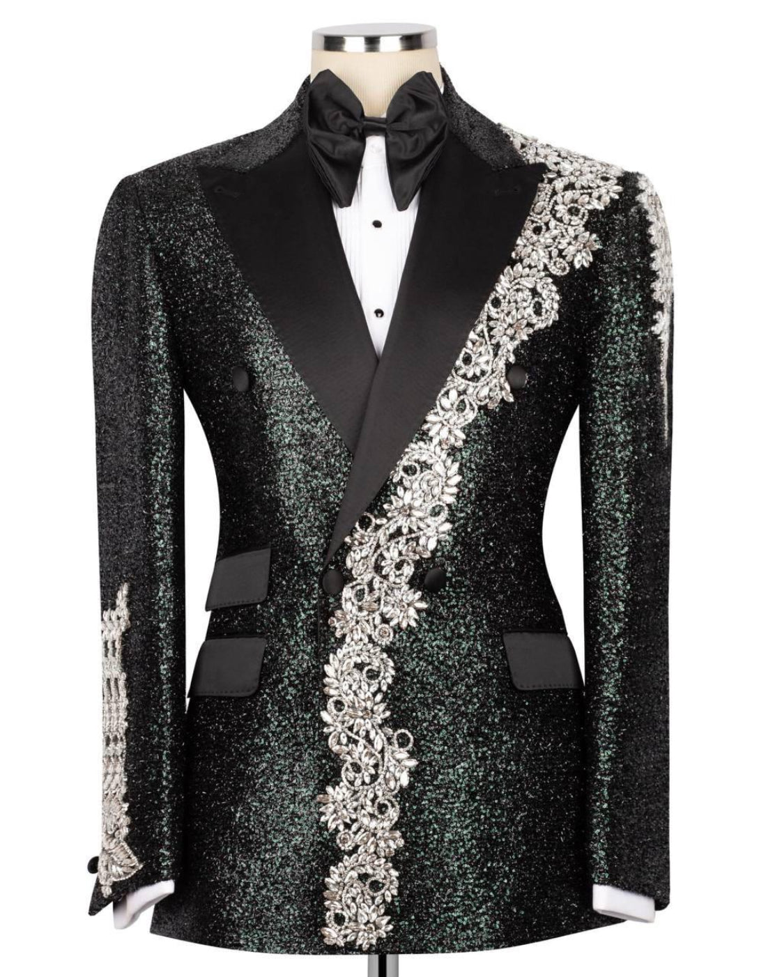 Black tuxedo jacket with silver embroidery on a mannequin against a white background