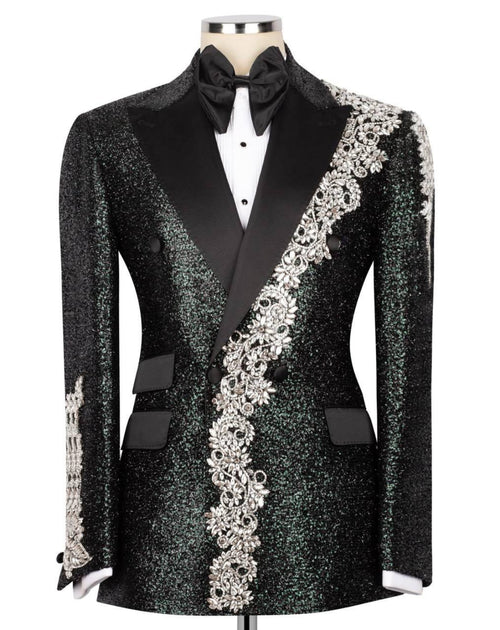Black tuxedo jacket with silver embroidery on a mannequin against a white background