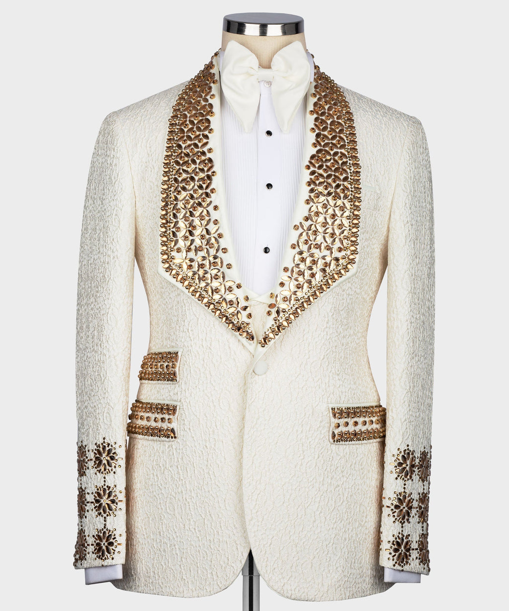 White silk tuxedo jacket with gold jeweled lapels and satin bow tie