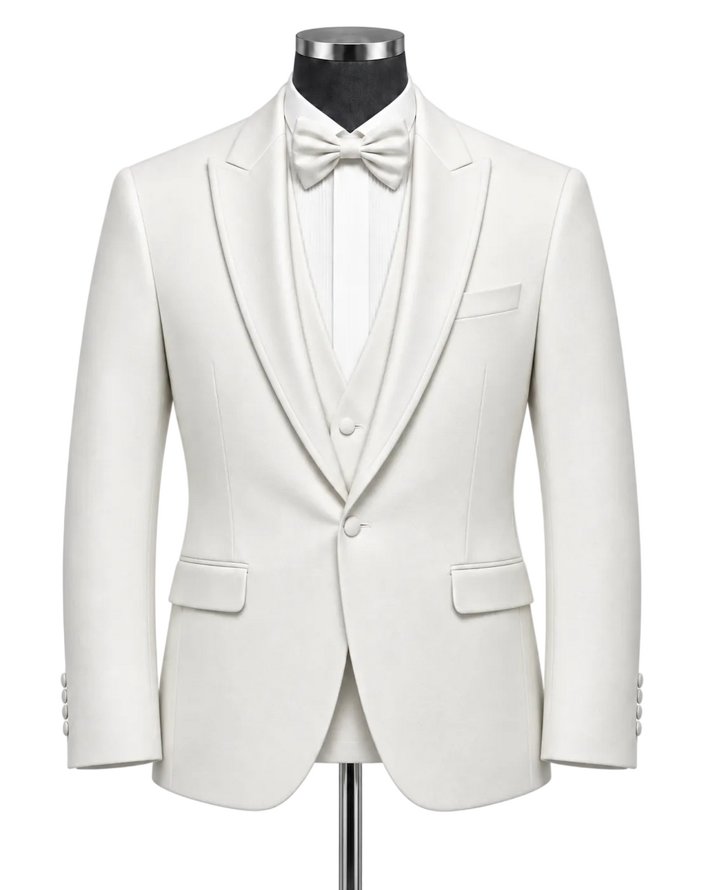 An ivory white formal tuxedo jacket displayed on a black mannequin torso, styled with a matching white satin bow tie, white pleated shawl collar, and a matching white vest.