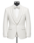 An ivory white formal tuxedo jacket displayed on a black mannequin torso, styled with a matching white satin bow tie, white pleated shawl collar, and a matching white vest.