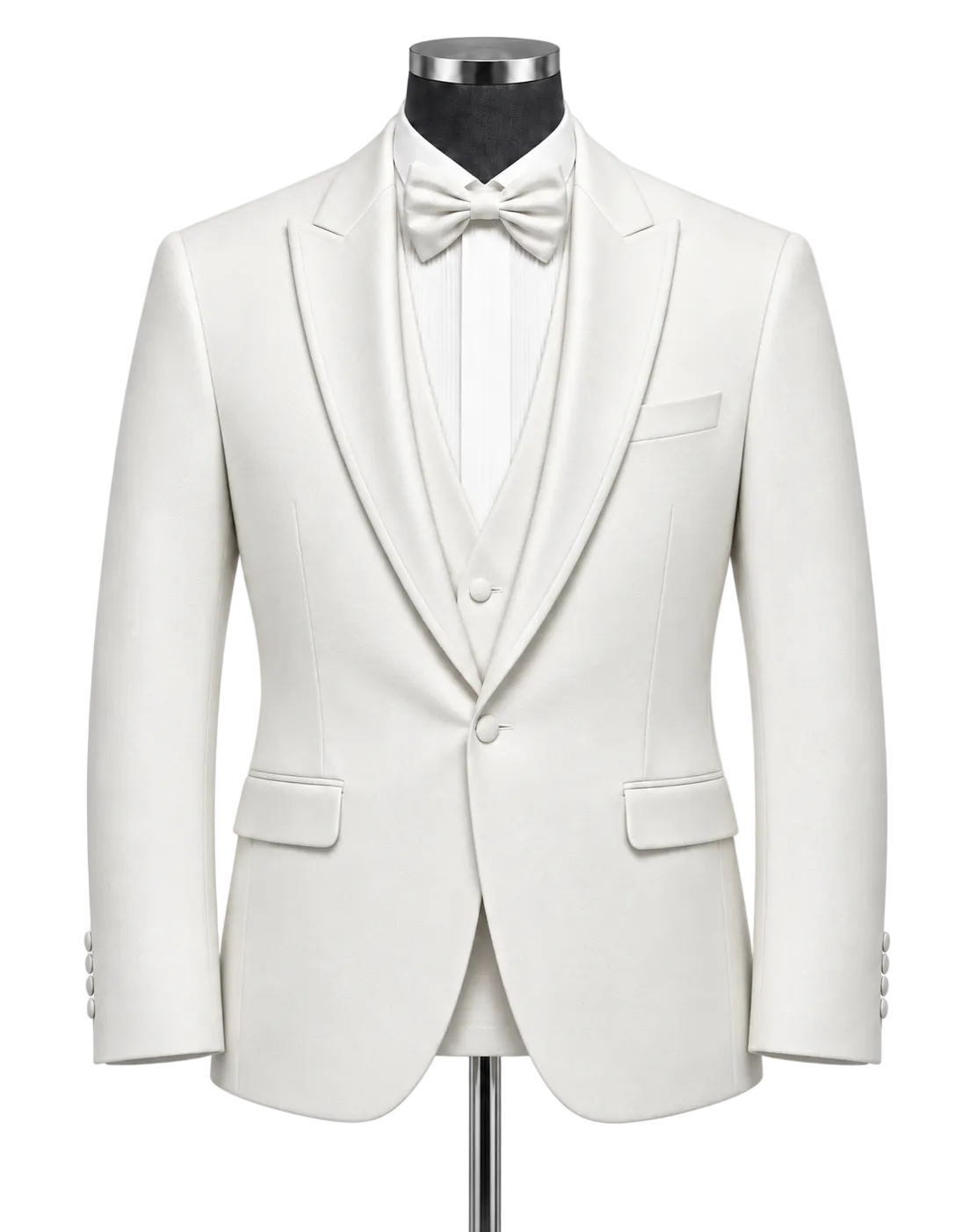 An ivory white formal tuxedo jacket displayed on a black mannequin torso, styled with a matching white satin bow tie, white pleated shawl collar, and a matching white vest.