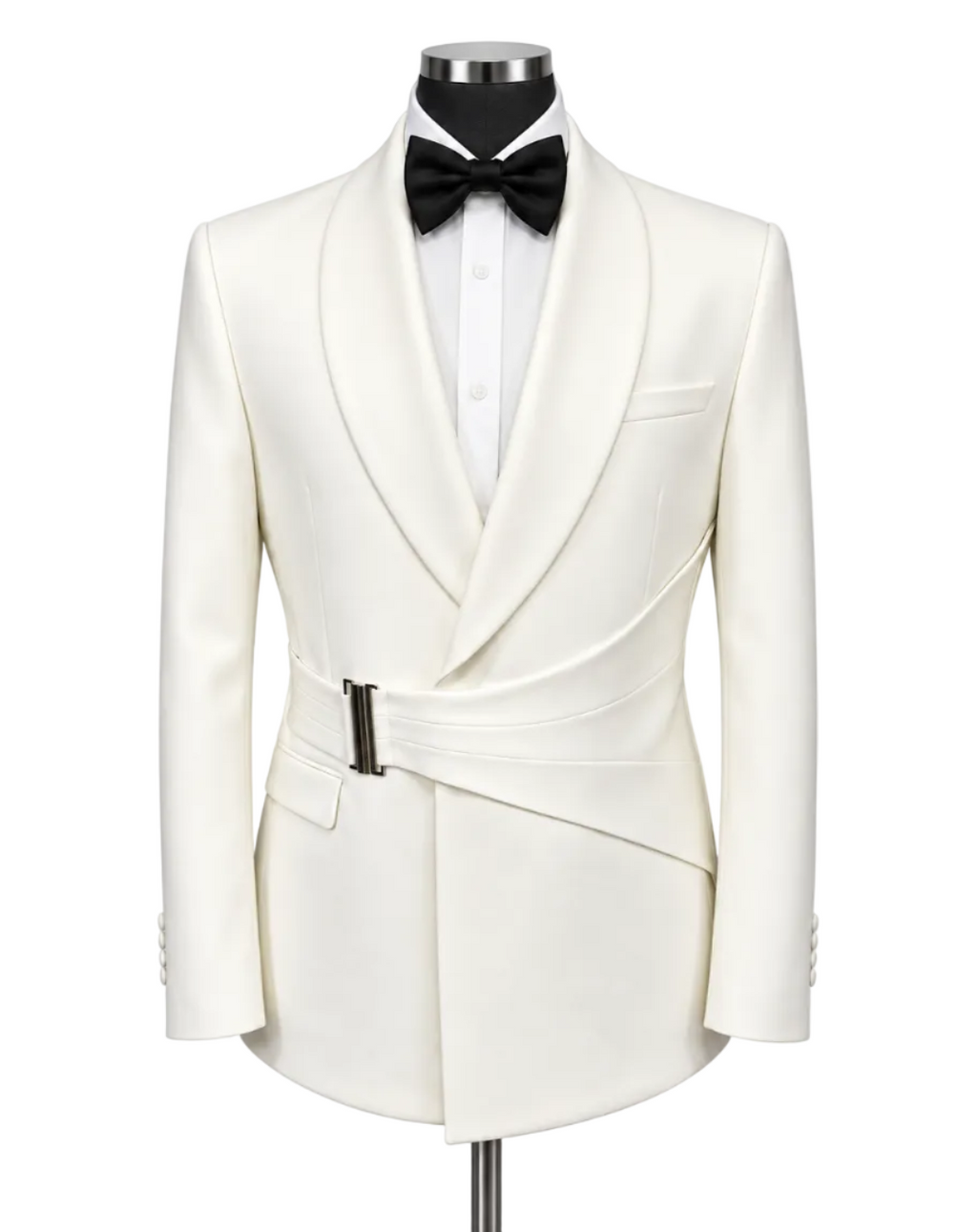 An ivory white tailored tuxedo jacket with a shawl collar and wrap-style waist tie, displayed on a mannequin with a black bow tie and white dress shirt against a light gray background.