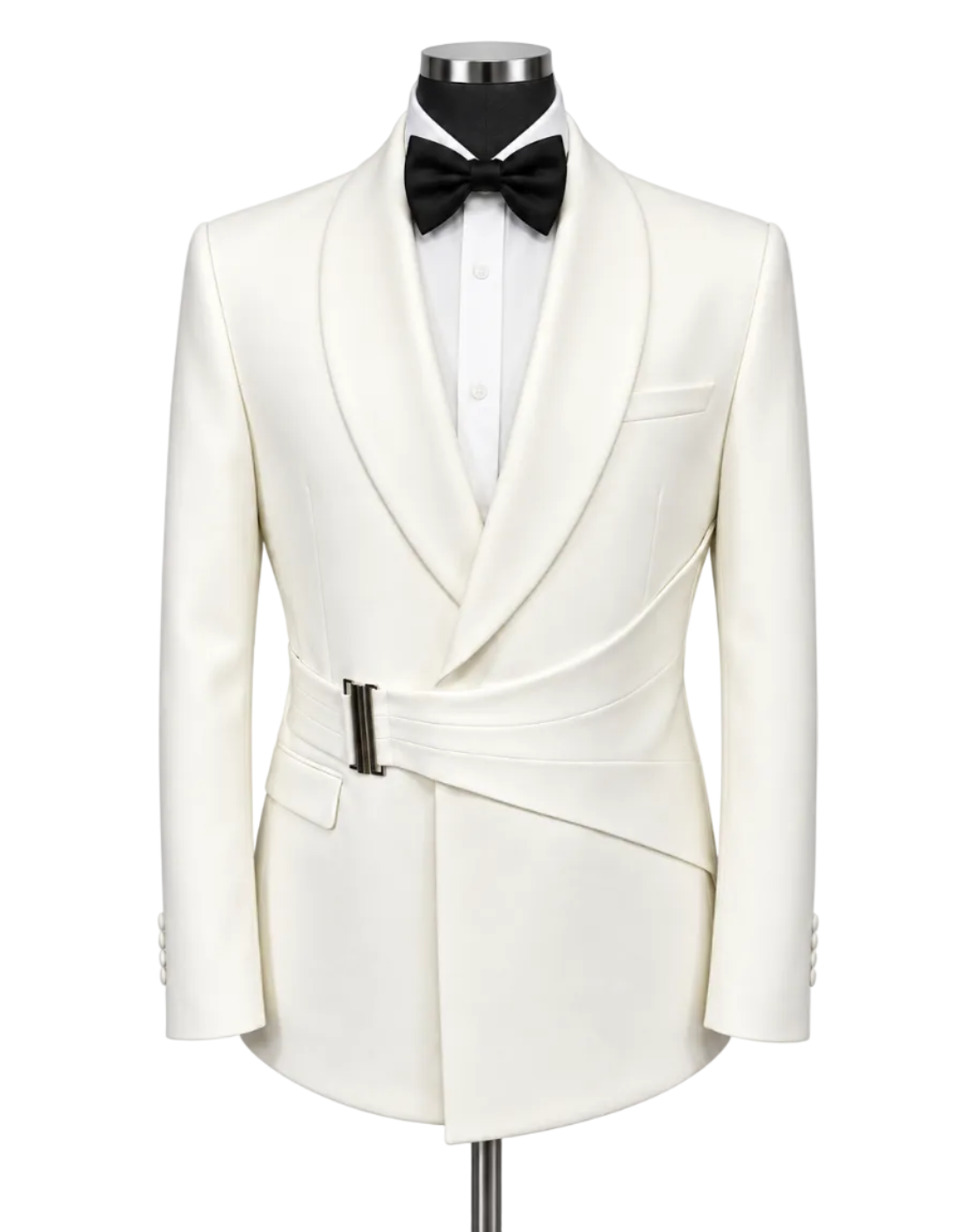An ivory white tailored tuxedo jacket with a shawl collar and wrap-style waist tie, displayed on a mannequin with a black bow tie and white dress shirt against a light gray background.