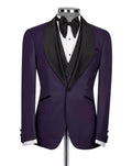 Purple tuxedo with black lapels on a mannequin against a white background