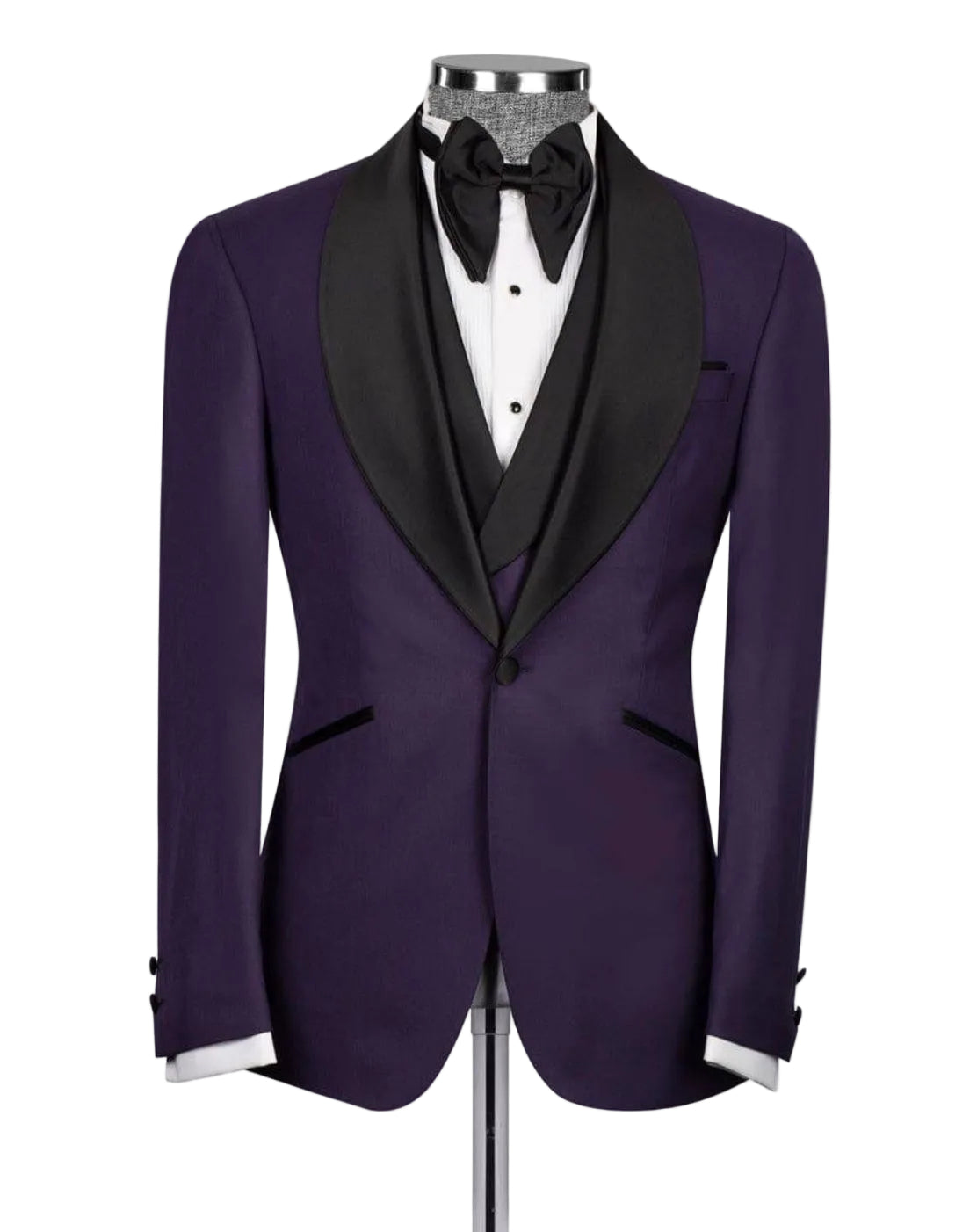 Purple tuxedo with black lapels on a mannequin against a white background