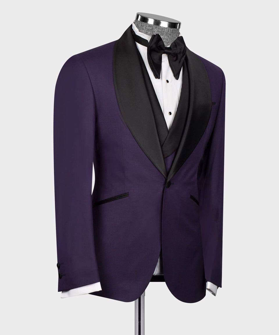 Purple tuxedo with black lapels on a mannequin against a white background