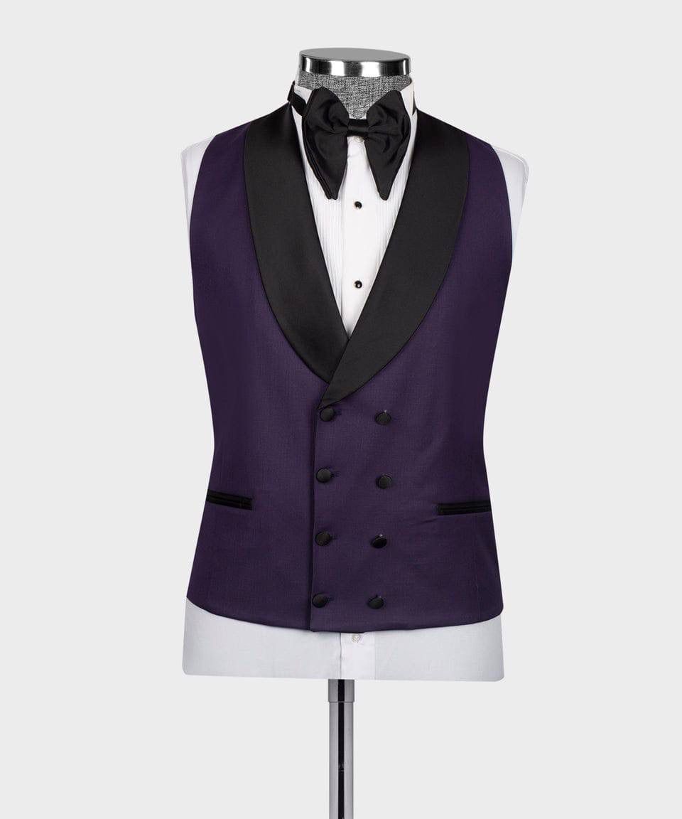 Purple tuxedo vest with black lapels on a mannequin against a white background