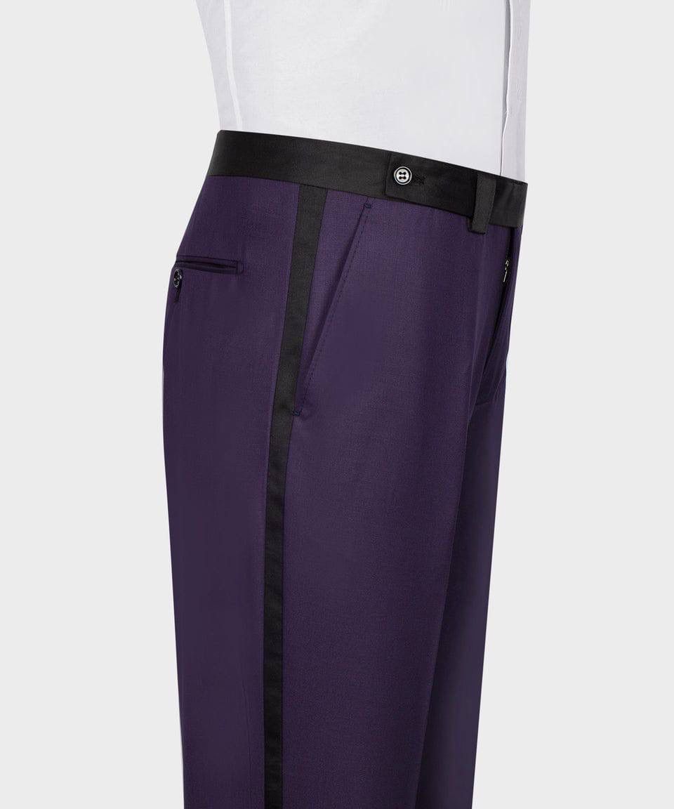 Purple pants with a black belt on a white background