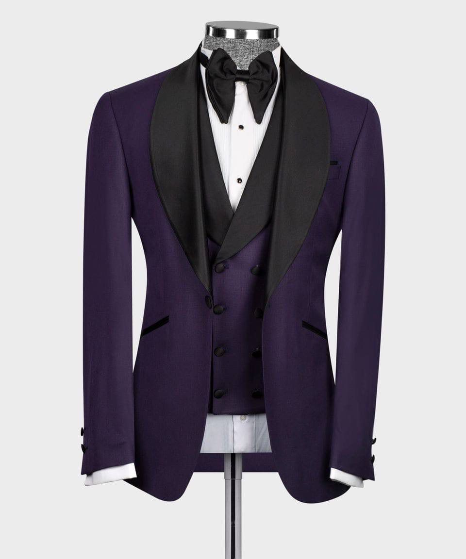 Purple tuxedo with black lapels on a mannequin against a white background