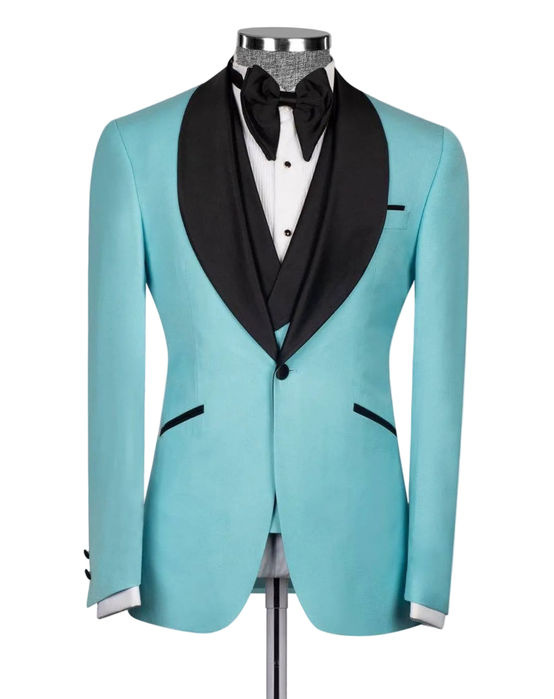 Turquoise tuxedo with black lapels on a mannequin against a white background