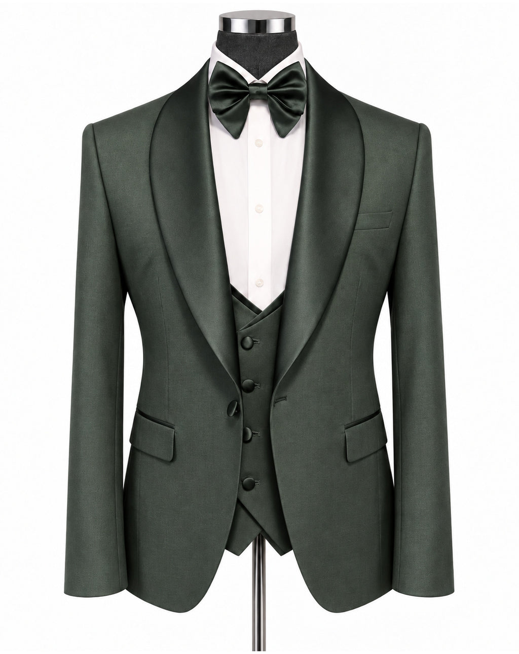 A dark forest green three-piece tuxedo set displayed on a mannequin, featuring a single-breasted jacket with satin shawl lapels, a matching vest, a white dress shirt, a dark green bow tie, and a matching green waistcoat.