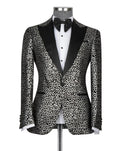 A men's tuxedo jacket with a black and gray leopard print pattern, black satin peak lapels, and a single front button, displayed on a mannequin with a white dress shirt and black bow tie against a light gray background.