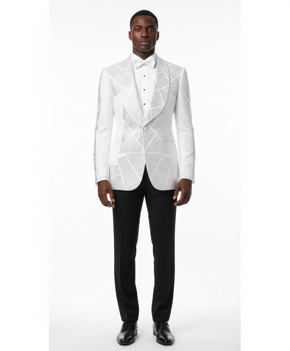A man modeling a white patterned blazer with a white shirt and bow tie, paired with black trousers and black dress shoes, against a plain white studio background.