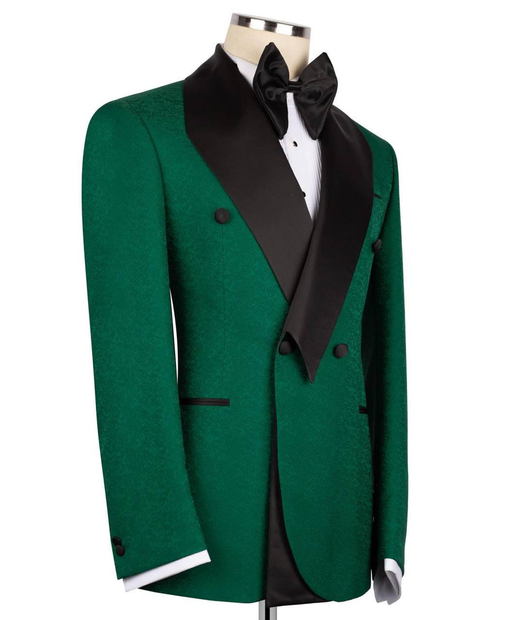 Green tuxedo jacket with black lapels on a mannequin against a white background