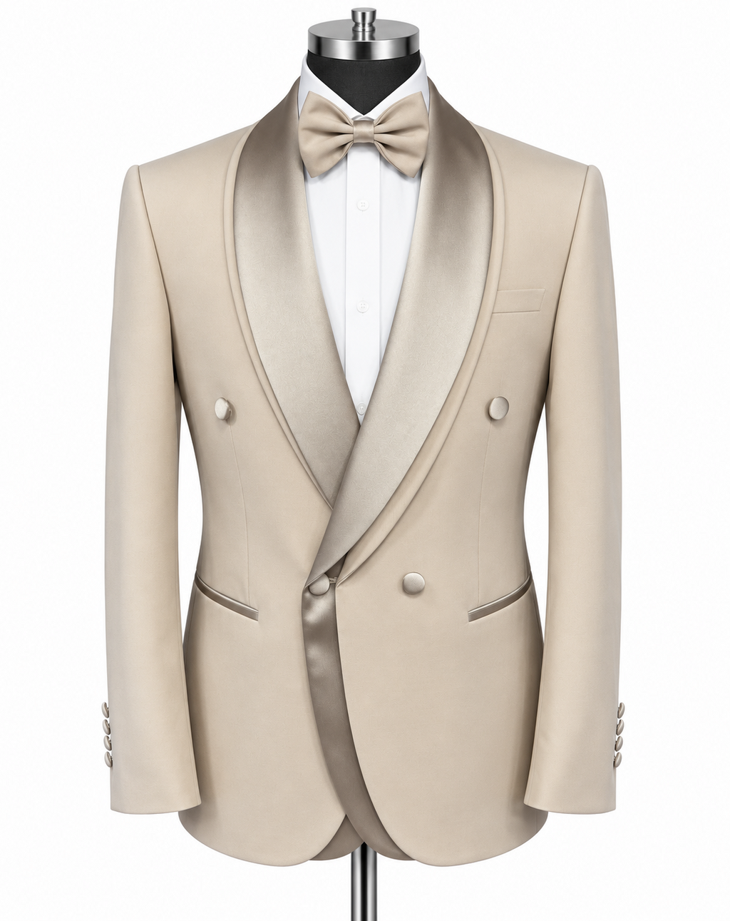 A beige double-breasted tuxedo jacket with satin peak lapels, displayed on a mannequin torso with a white dress shirt, beige bow tie, and matching beige buttons.