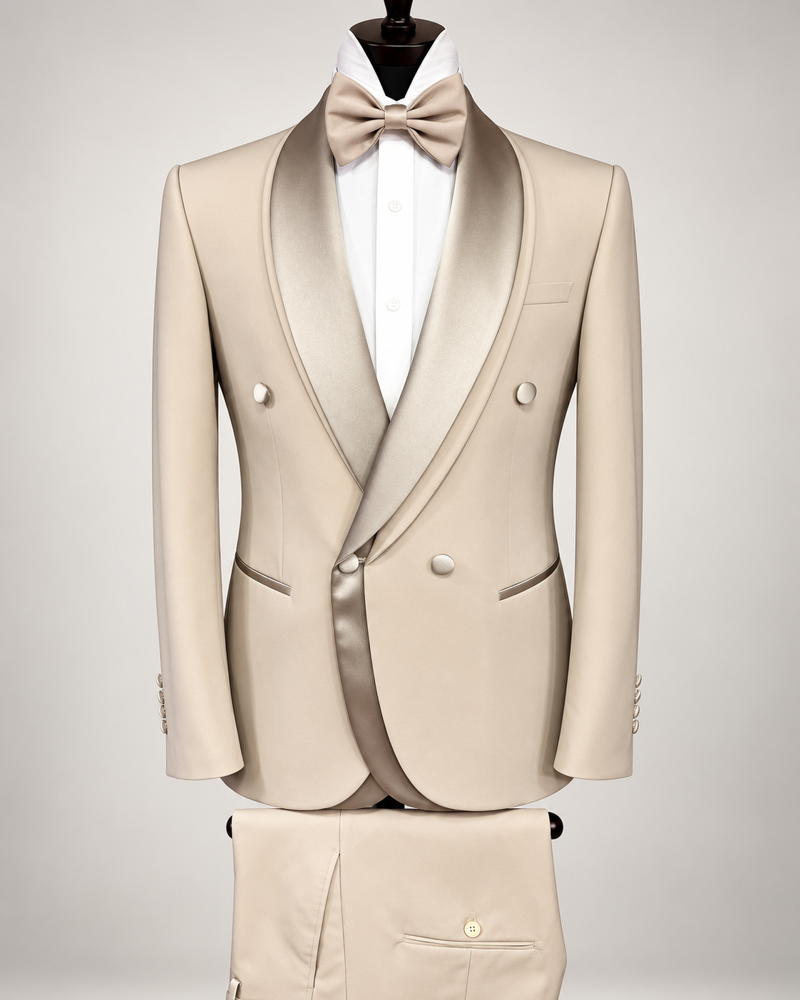 A beige double-breasted tuxedo jacket with satin shawl lapels, displayed on a mannequin with a matching bow tie and trousers against a light gray background.