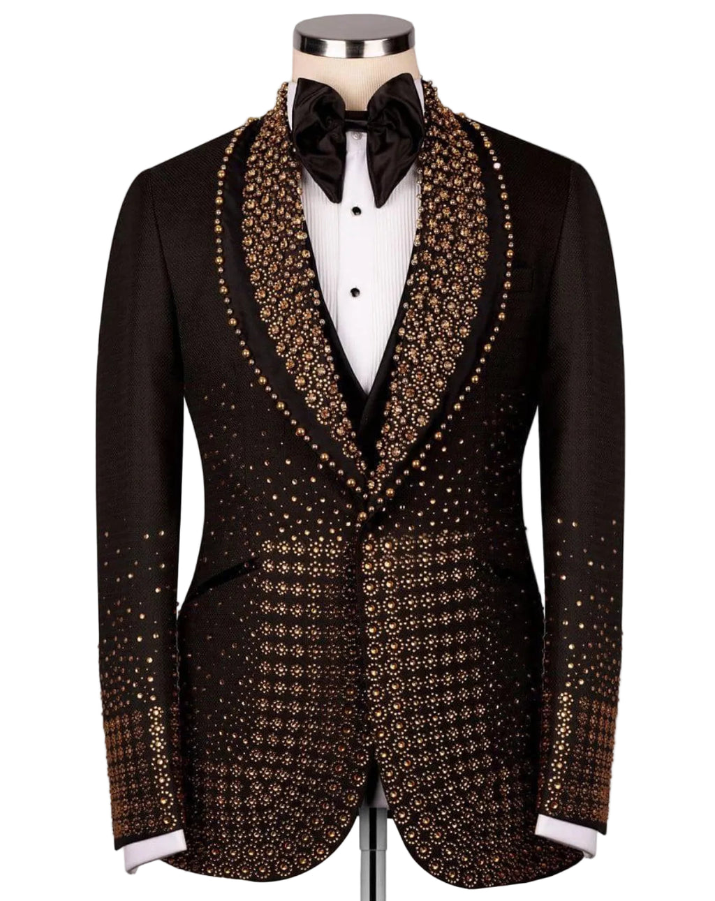 Black tuxedo with gold embellishments on a mannequin against a white background
