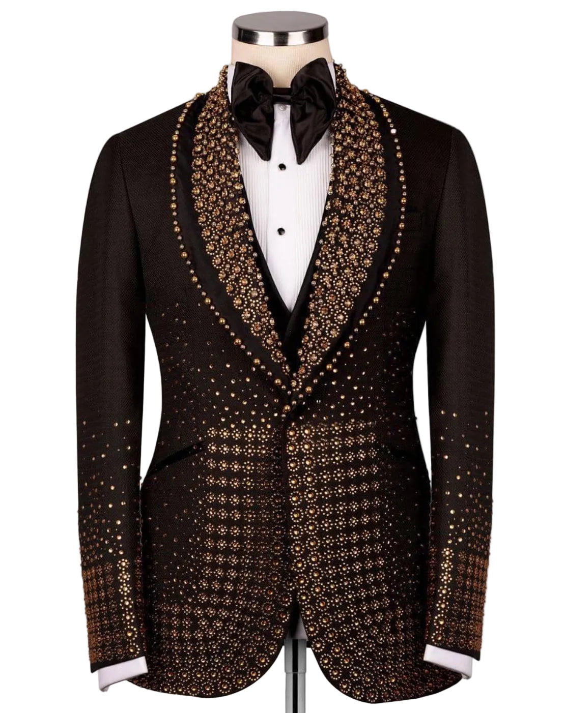 Black tuxedo with gold embellishments on a mannequin against a white background