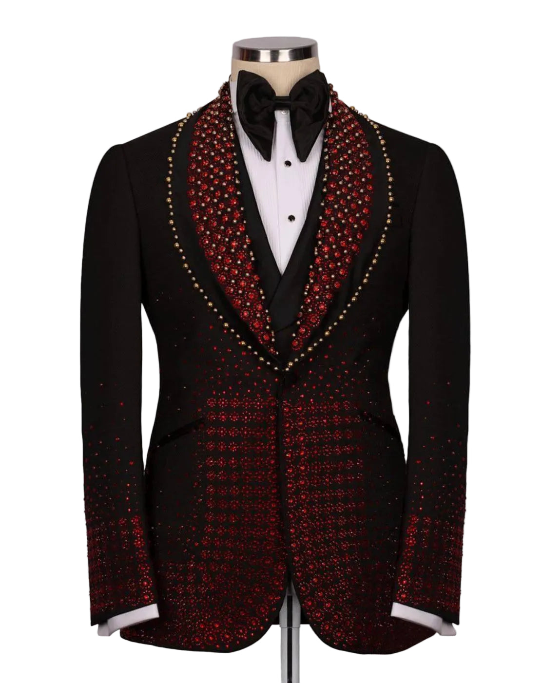 Black and red patterned suit jacket on a mannequin with a white shirt and black bow tie.