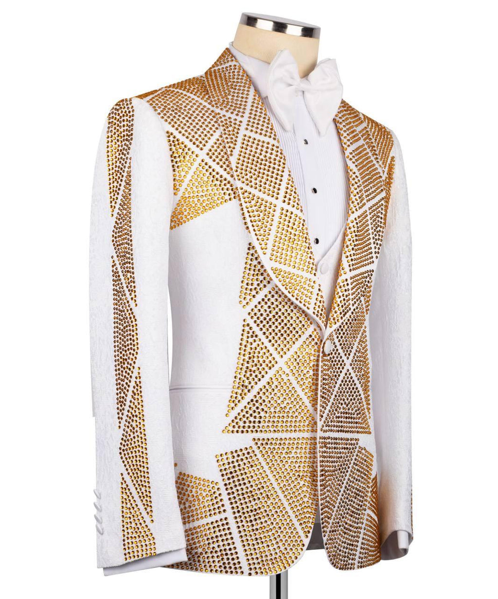 White suit jacket with gold geometric pattern on a mannequin against a white background