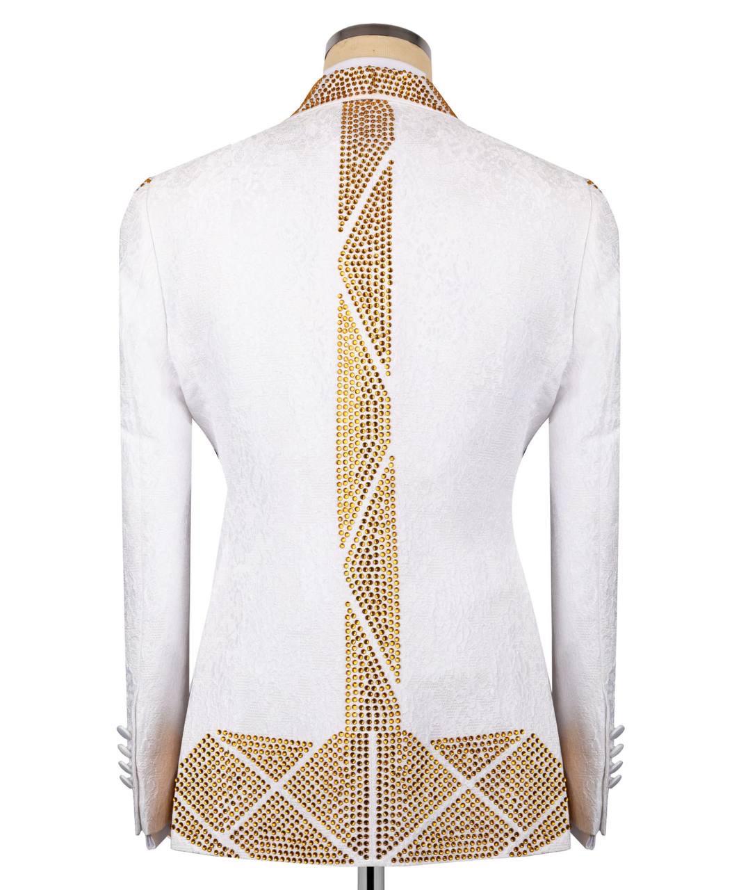White long-sleeve blazer shown from the back on a mannequin, featuring a vertical and horizontal geometric pattern of gold rhinestones.