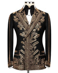 A black formal jacket with extensive gold metallic embroidery, displayed on a mannequin with a black bow tie and white shirt against a light gray background.