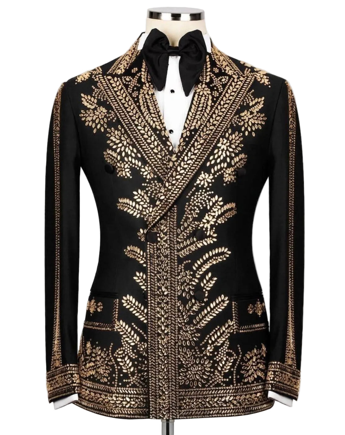 A black formal jacket with extensive gold metallic embroidery, displayed on a mannequin with a black bow tie and white shirt against a light gray background.
