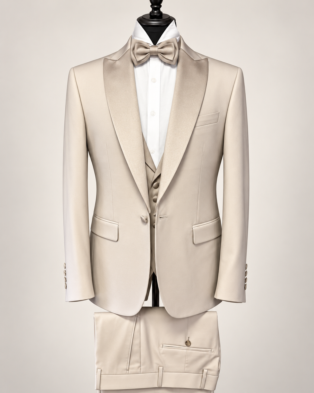 A light beige men's tuxedo set displayed on a mannequin, featuring a satin peak lapel jacket with a white dress shirt, matching beige bow tie, vest, and trousers.