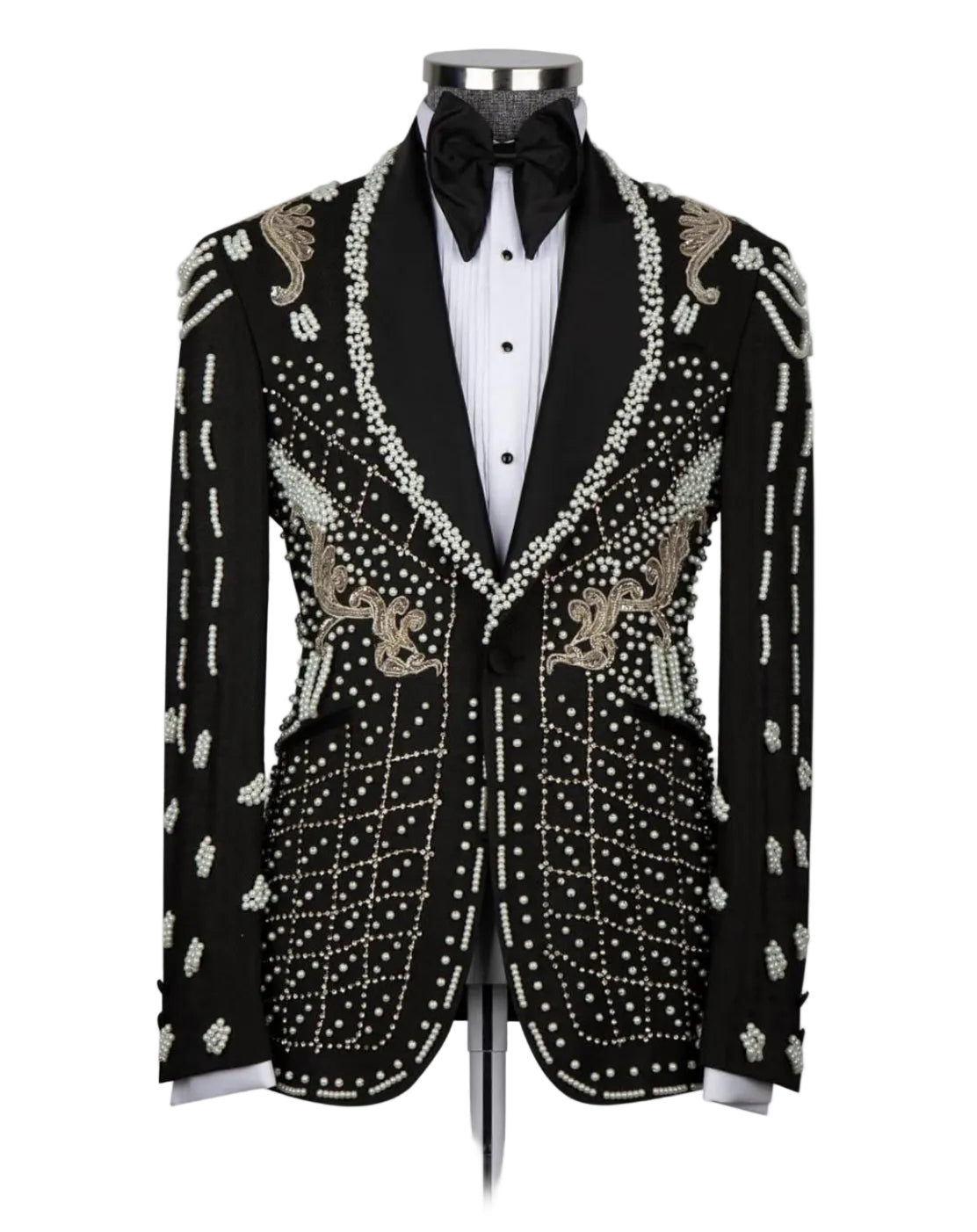 A black tuxedo jacket with ornate silver and gold beadwork and embroidery, styled on a mannequin with a white tuxedo shirt and black bow tie against a light gray background.