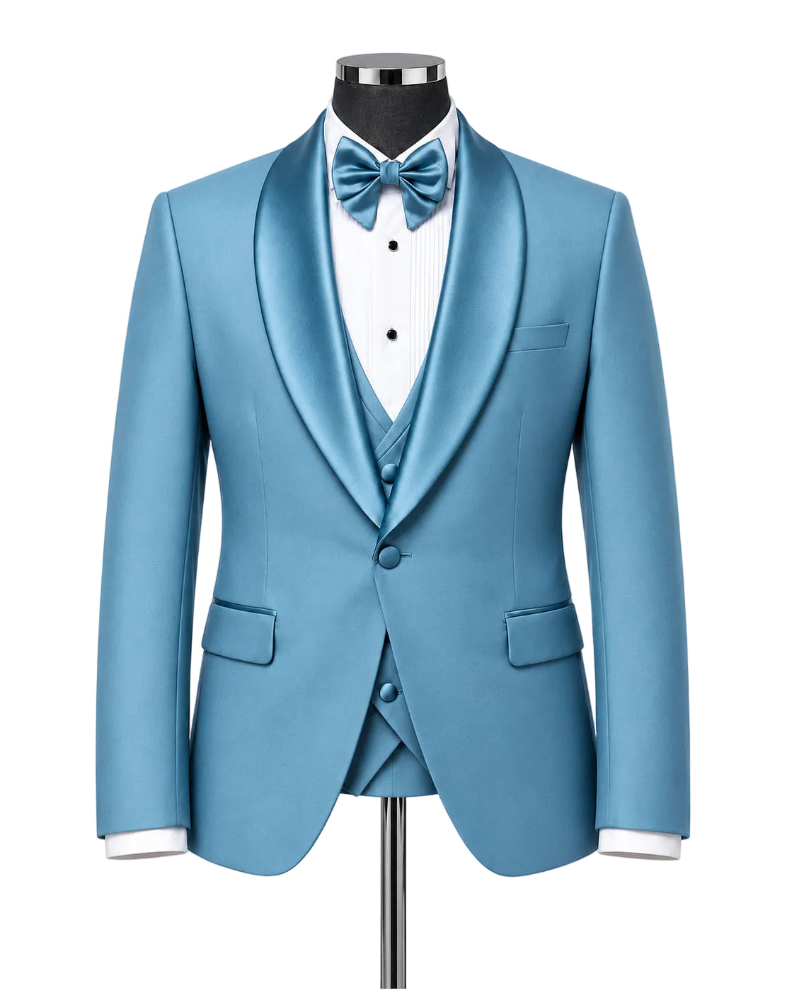A men's formal tuxedo jacket set in a bright light blue satin-like fabric, displayed on a black mannequin torso with a white pinstripe shirt, matching blue bow tie, and matching blue vest. The background is a clean, light gray studio backdrop.