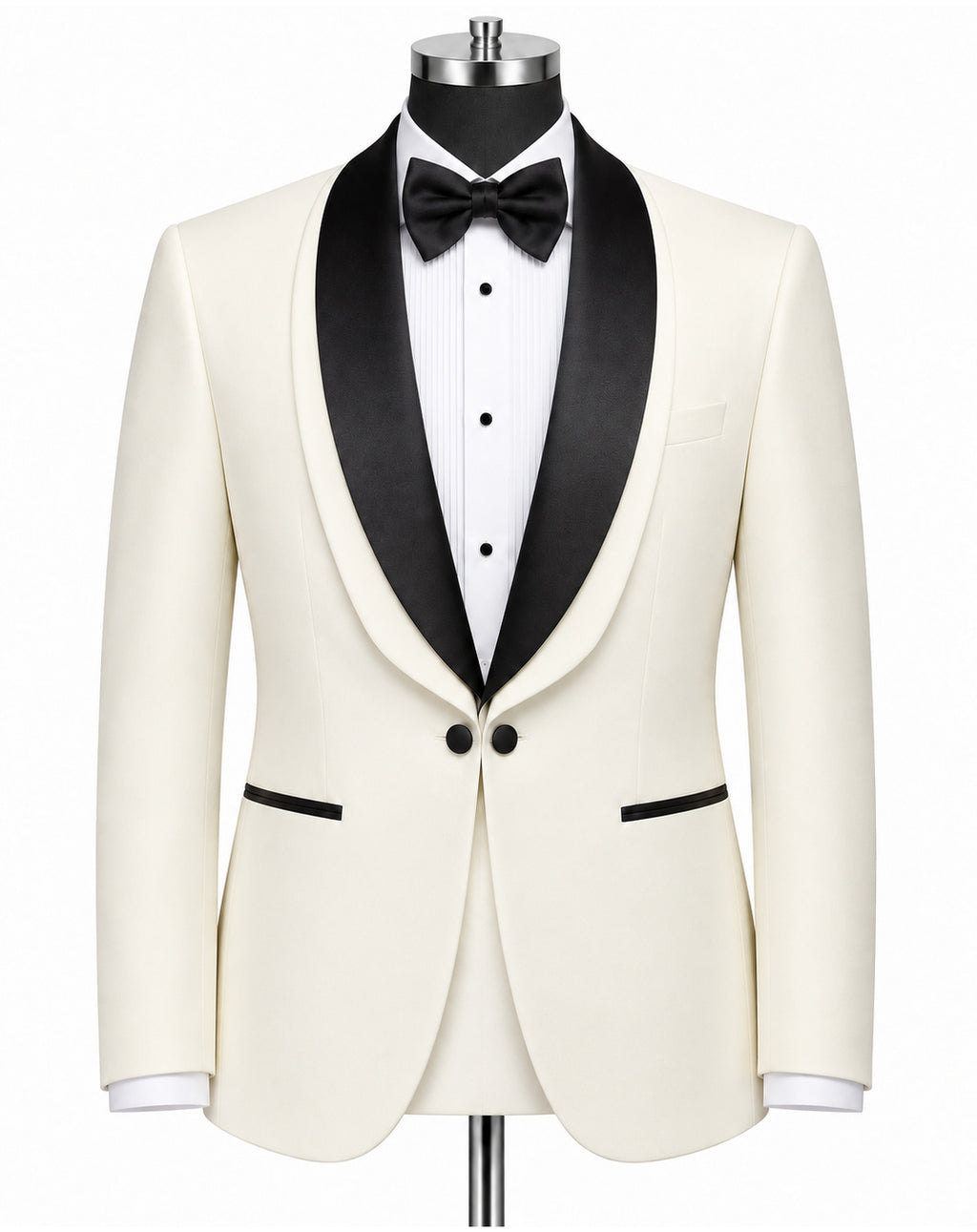 An ivory or cream tuxedo jacket with black satin shawl lapels, displayed on a mannequin with a white pinstripe shirt, black bow tie, and black buttons, against a plain white background.