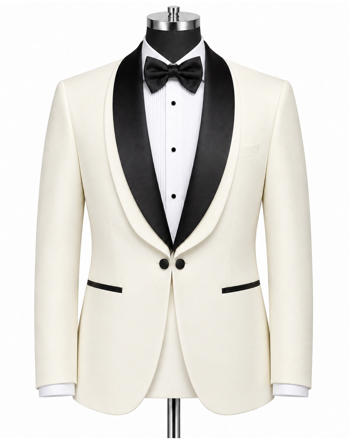 An ivory or cream tuxedo jacket with black satin shawl lapels, displayed on a mannequin with a white pinstripe shirt, black bow tie, and black buttons, against a plain white background.
