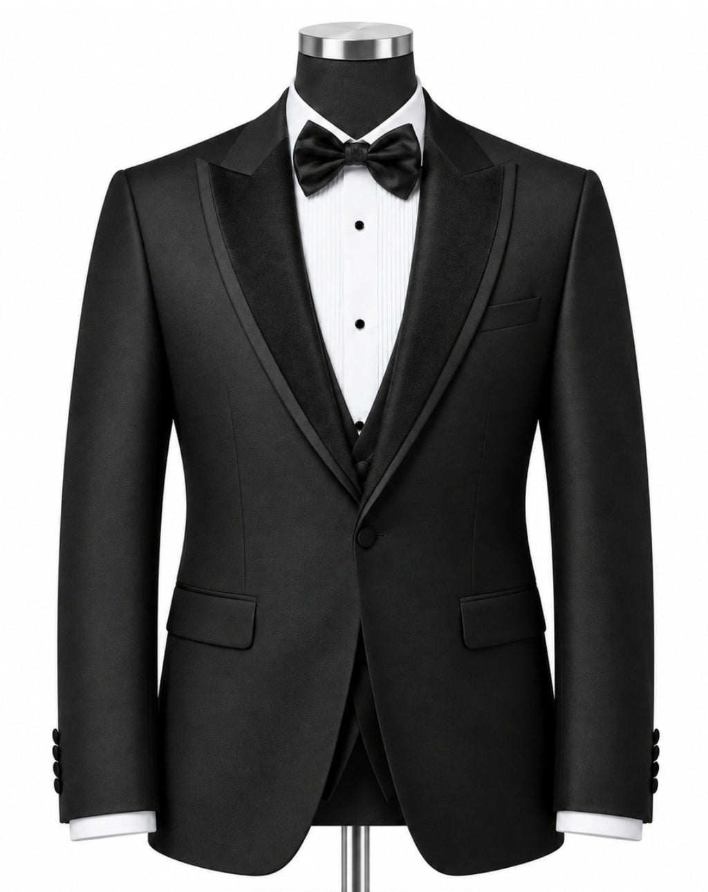 A black tuxedo jacket displayed on a mannequin torso with a white pinstripe shirt, black bow tie, and matching black vest, set against a plain white background.