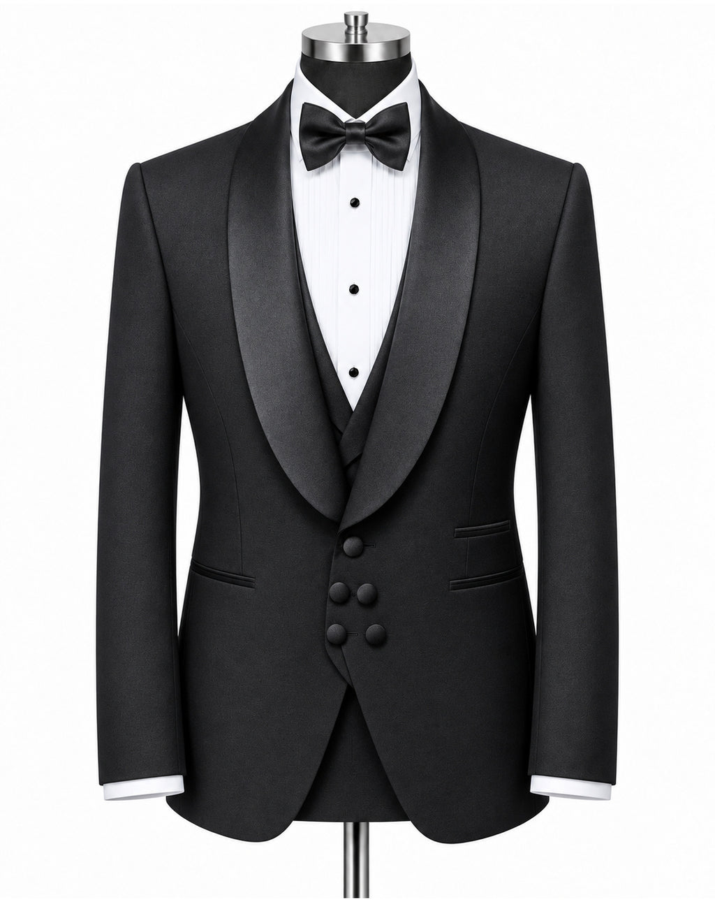 A black tuxedo jacket with satin peak lapels, displayed on a mannequin torso with a white pinstripe shirt, black bow tie, and matching black vest against a plain white background.
