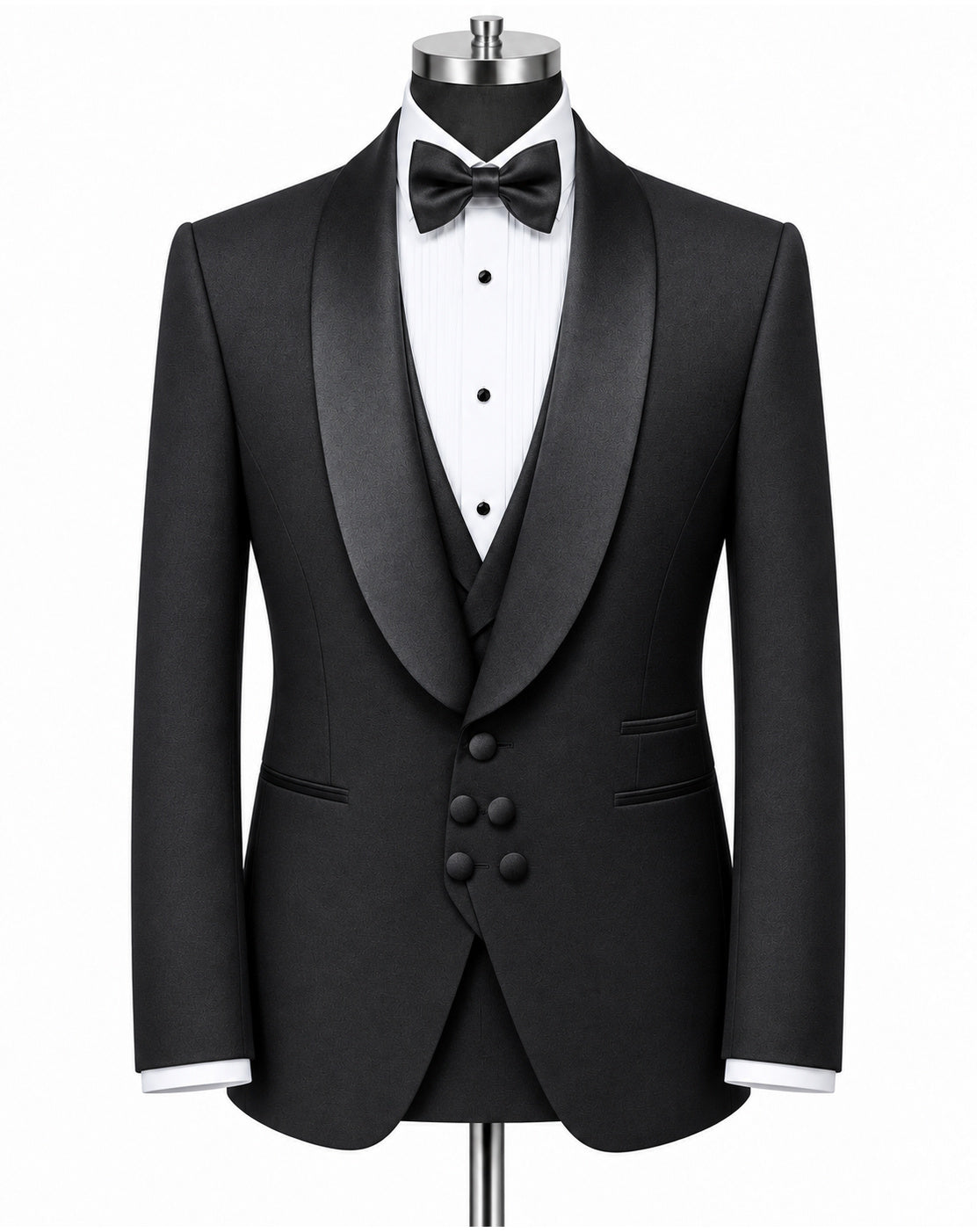 A black tuxedo jacket with satin peak lapels, displayed on a mannequin torso with a white pinstripe shirt, black bow tie, and matching black vest against a plain white background.