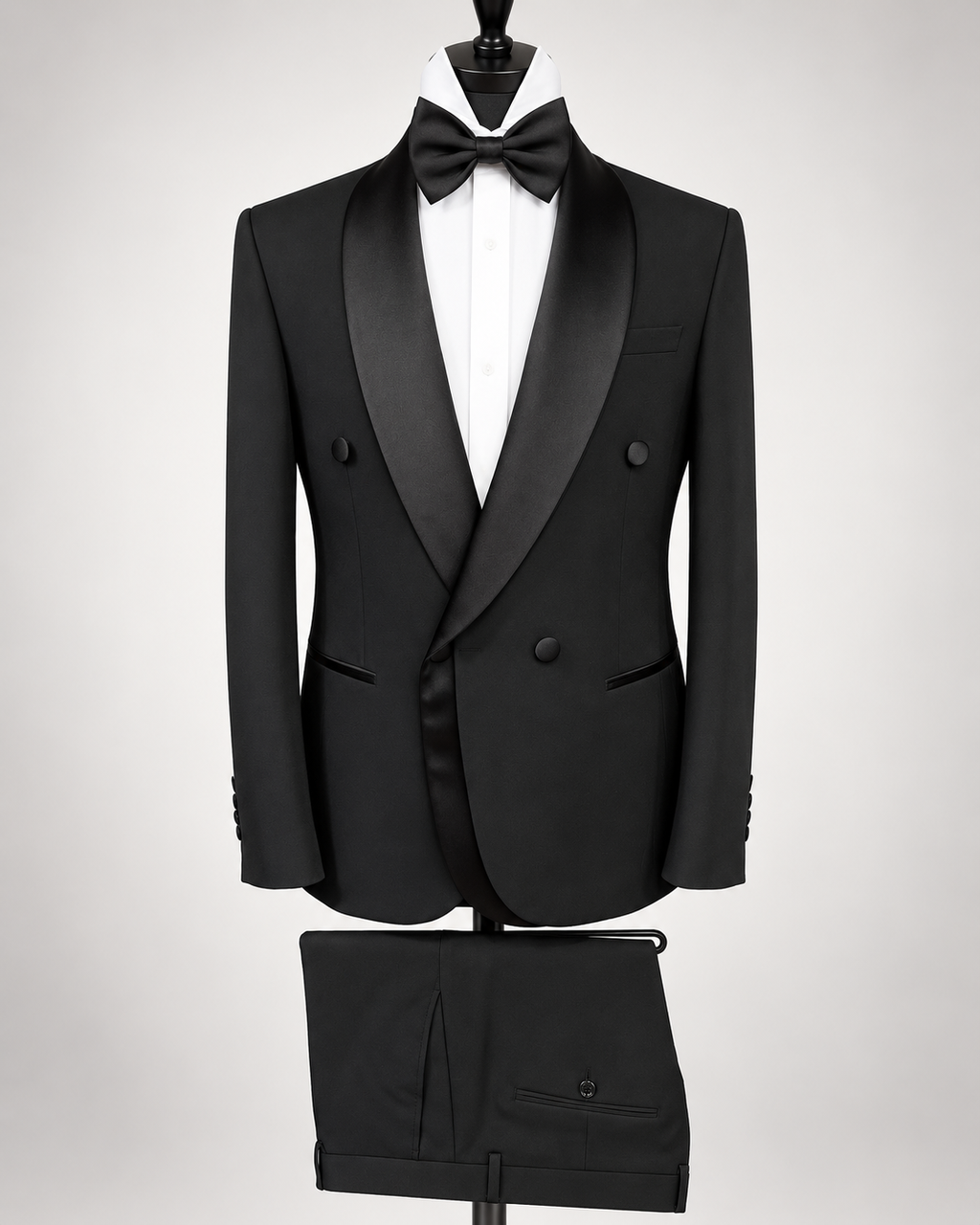 A black double-breasted tuxedo jacket with satin shawl lapels, displayed on a mannequin with a white dress shirt and black bow tie. Matching black trousers are shown below on a stand against a light gray studio background.
