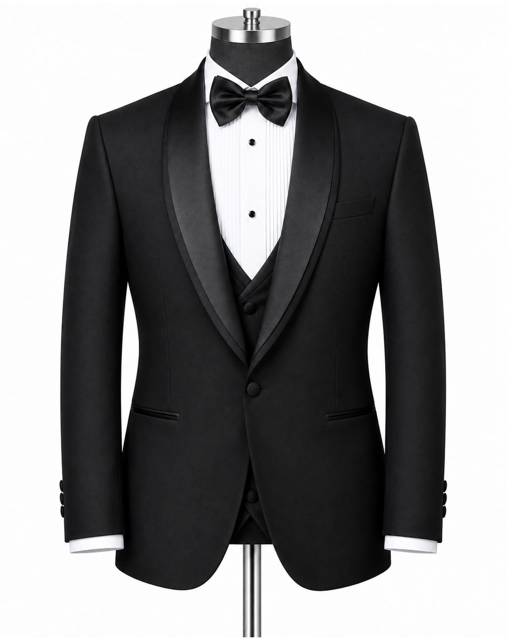 A black tuxedo jacket with satin peak lapels, displayed on a mannequin with a white pinstripe shirt, black bow tie, and matching black vest against a plain white background.