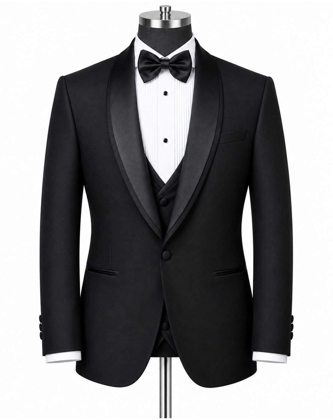 A black tuxedo jacket with satin peak lapels, displayed on a mannequin with a white pinstripe shirt, black bow tie, and matching black vest against a plain white background.