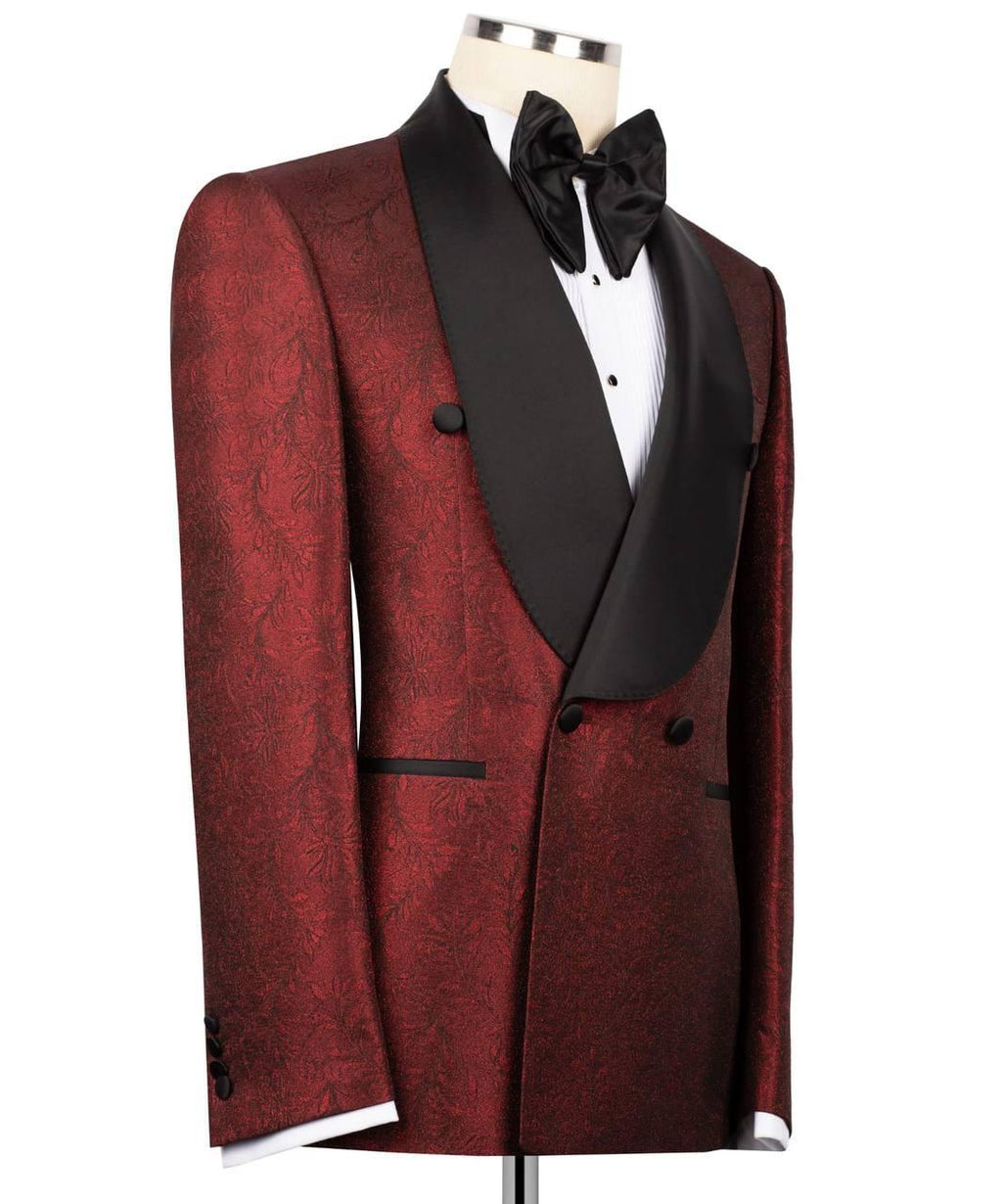 Red tuxedo with black lapels on a mannequin against a white background