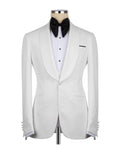A white tuxedo jacket displayed on a mannequin torso with a white pleated shirt, black bow tie, and black pocket square, against a plain white background.