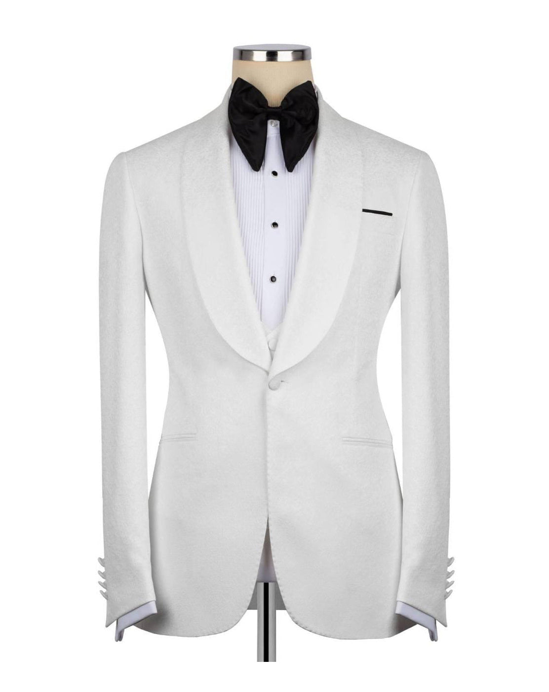 A white tuxedo jacket displayed on a mannequin torso with a white pleated shirt, black bow tie, and black pocket square, against a plain white background.