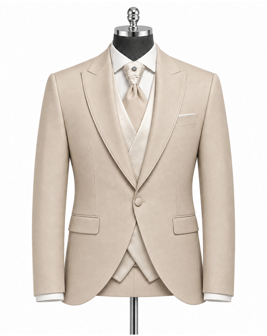 A light beige men's formal suit displayed on a mannequin, featuring a single-breasted jacket with peak lapels, a matching vest and tie, and a white dress shirt.