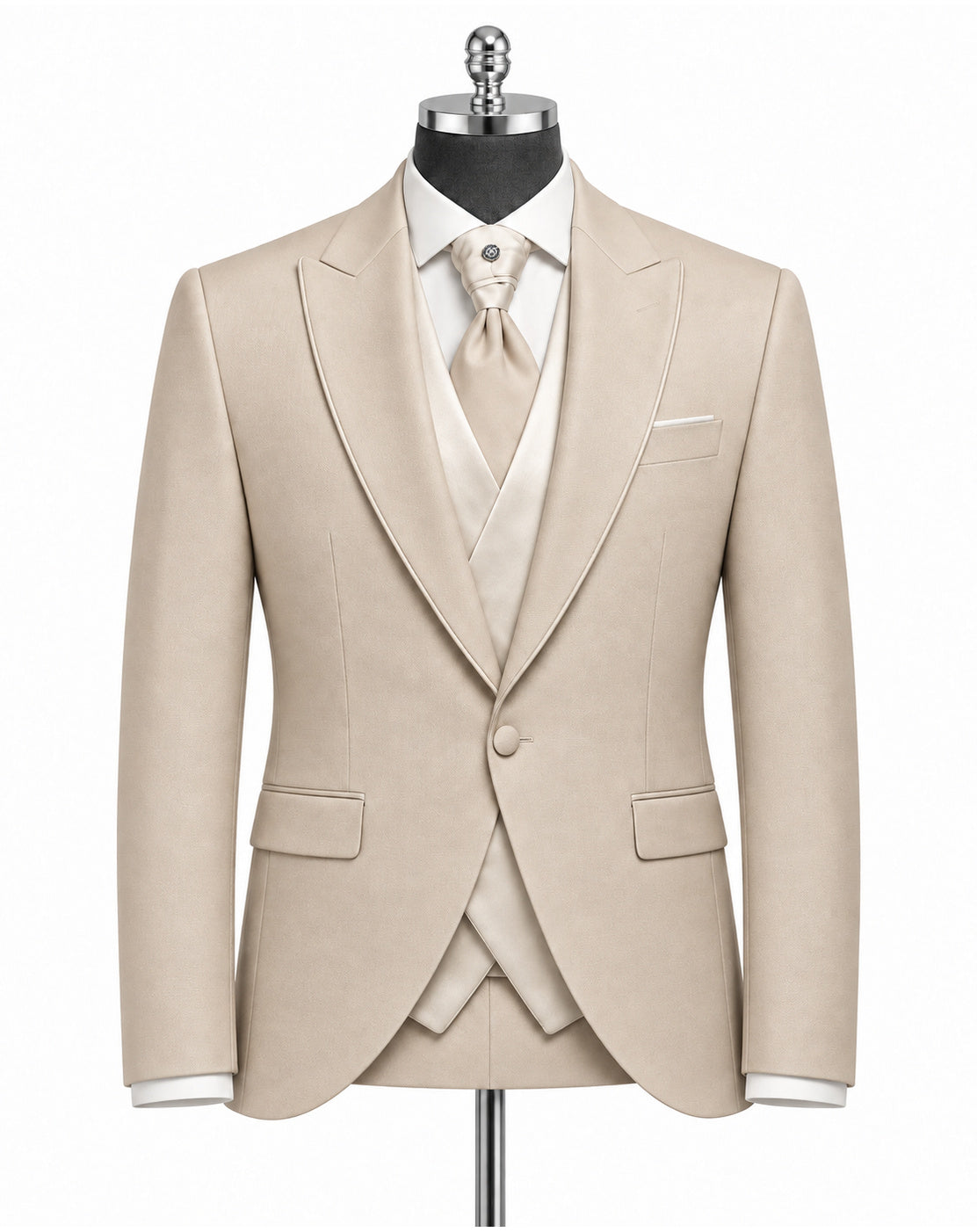 A light beige men's formal suit displayed on a mannequin, featuring a single-breasted jacket with peak lapels, a matching vest and tie, and a white dress shirt.
