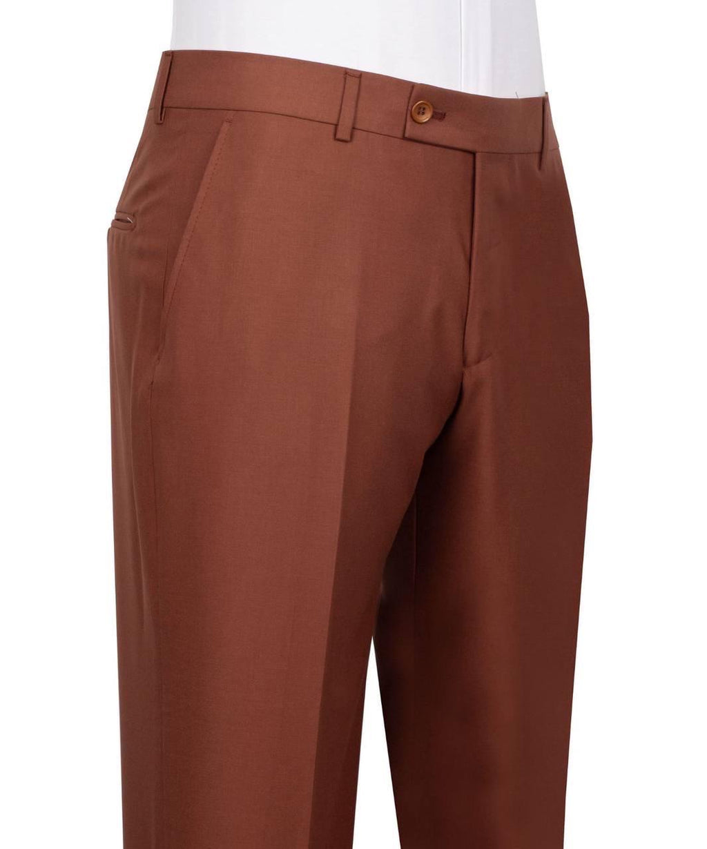 A close-up of a pair of brown dress pants shown on a mannequin or lower-body form against a plain white background.