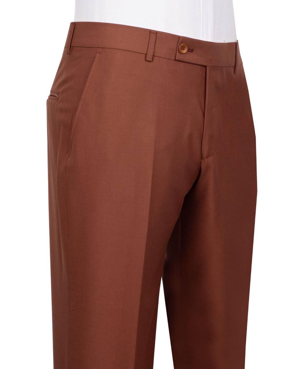 A close-up of a pair of brown dress pants shown on a mannequin or lower-body form against a plain white background.