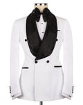 A white double-breasted tuxedo jacket with a black mesh shawl collar, black bow tie, and black button accents, displayed on a mannequin against a white background.